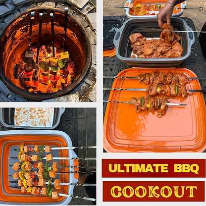 Collapsible Large (8L) BBQ Marinating Tub w/ Cutting Board | Multipurpose Food-Grade TPE Prep Tub w/ Lid | Built-In Colander & Drain Plug - For Camping | Tailgate | Picnic - Slate Black