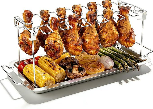 auisea Large Chicken Leg Rack for Grill 14 Slots with Drip Pan, Sturdy Stainless Steel Drumstick Holder for Oven & Smoker, Mirror-Finish for Easy Clean