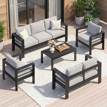 Solaste 7-Seaters Aluminum Outdoor Patio Furniture Set, Patio Sectional with 5" Thick Cushion, Outdoor Furniture with Coffee Table, Patio Sofa for Porch, Backyard, Deck, Yard, Light Grey