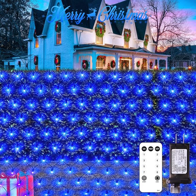 JMEXSUSS 360 LED Christmas Net Lights, Blue, 12ft x 5ft | Outdoor Waterproof, Connectable, Plug in, Mesh Lights with Remote for Bushes Shrubs Christmas Decorations