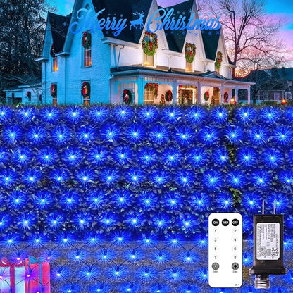 JMEXSUSS 360 LED Christmas Net Lights, Blue, 12ft x 5ft | Outdoor Waterproof, Connectable, Plug in, Mesh Lights with Remote for Bushes Shrubs Christmas Decorations