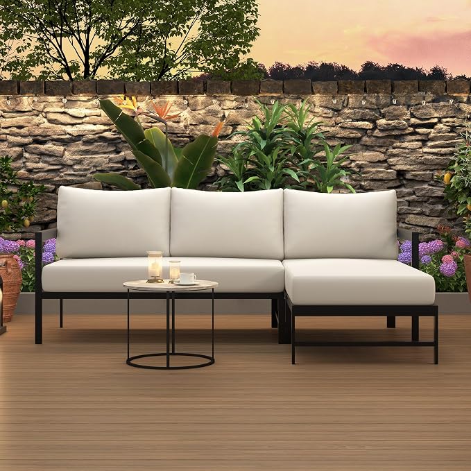 VilroCaz Outdoor L-Shaped Sectional Sofa with 5.9'' Ultra-Thick Cushions, All Weather Patio Conversation Set with Iron Frame for Balcony Garden (Beige-3.24)