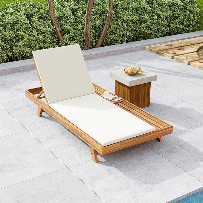 Christopher Knight Home Kayes Acacia Wood Chaise Lounge with 2'' Cushion, Outdoor 79'' Patio Recliner Chair with 4-Position Adjustable Backrest, Sun Lounger for Poolside Backyard, Teak+Cream