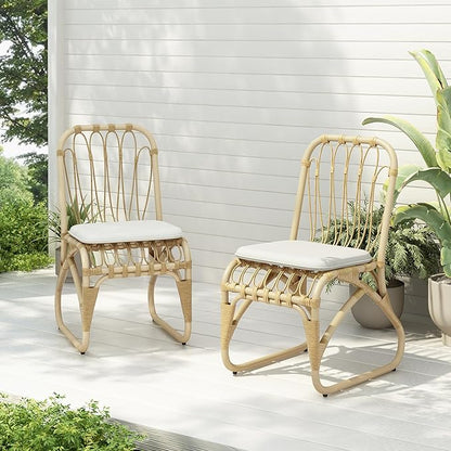 Christopher Knight Home Set of 2 Busby Patio PE Wicker Dining Chairs, Outdoor Woven Rattan Accent Chair with Iron Frame+Cushion, Fully Assembled Lounge Chair Outdoor for Garden/Balcony, Natural
