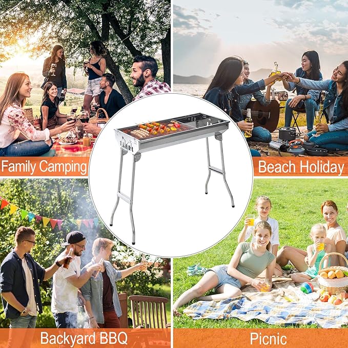 Ni-shore Charcoal Barbecue Grill Stainless Steel Folding BBQ Camping Grill for Shish Kabob, 28inch, Silver