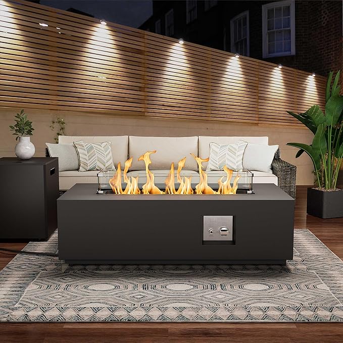 SUNPEAK 42" Rectangular Propane Fire Pit Table 50,000 BTU Fireplace Table with Wind Guard, Lid, Rocks and Cover - Fire Pits & Outdoor Fireplaces - Gas Fire Pits for Outside Patio (Black, 42")
