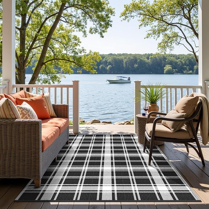 GENIMO Outdoor Rug, Waterproof Plastic Rugs for Patio, 6'x9' Black Plaid | Outside Larger Modern Carpet Mat for Porch Decor, Deck, Balcony, Camping, RV, Backyard, Picnic, Beach, Reversible, Foldable