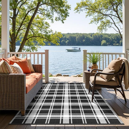 GENIMO Outdoor Rug, Waterproof Plastic Rugs for Patio, 6'x9' Black Plaid | Outside Larger Modern Carpet Mat for Porch Decor, Deck, Balcony, Camping, RV, Backyard, Picnic, Beach, Reversible, Foldable