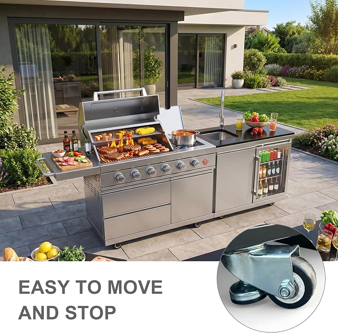 84 Inch Outdoor Kitchen Island, 6 Burner 75300 BTU Deluxe Stainless Steel Gas Grill Bar Island with Stainless steel Sink Wine Cooler Refrigerator, Granite Countertops, Rotisserie kit (Silver)