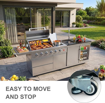 84 Inch Outdoor Kitchen Island, 6 Burner 75300 BTU Deluxe Stainless Steel Gas Grill Bar Island with Stainless steel Sink Wine Cooler Refrigerator, Granite Countertops, Rotisserie kit (Silver)