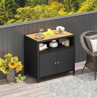 Wicker Outdoor Storage Cabinet, Rattan Patio Bar Table with Acacia Wood Countertop, Open Compartment & 2 Doors, Outdoor Buffet Cabinet Sideboard for Poolside, Garden, Backyard (Black)