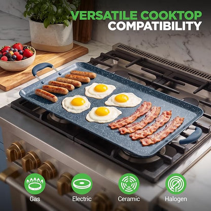 NutriChef Double Burner Griddle | Flat Top Griddle for Stove Top | Nonstick marble-coated griddle pan with extra-large easy to clean cooking surface, perfect for pancakes and tortillas