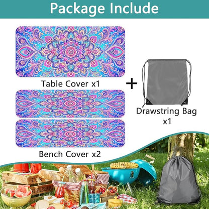 Picnic Table Cover with Bench Covers Boho Mandala Camping Essentials Waterproof Windproof Elastic Fitted Tablecloths for 6 Foot Rectangle Table, Tablecloth for Outdoor Backyard Patio BBQ Garden