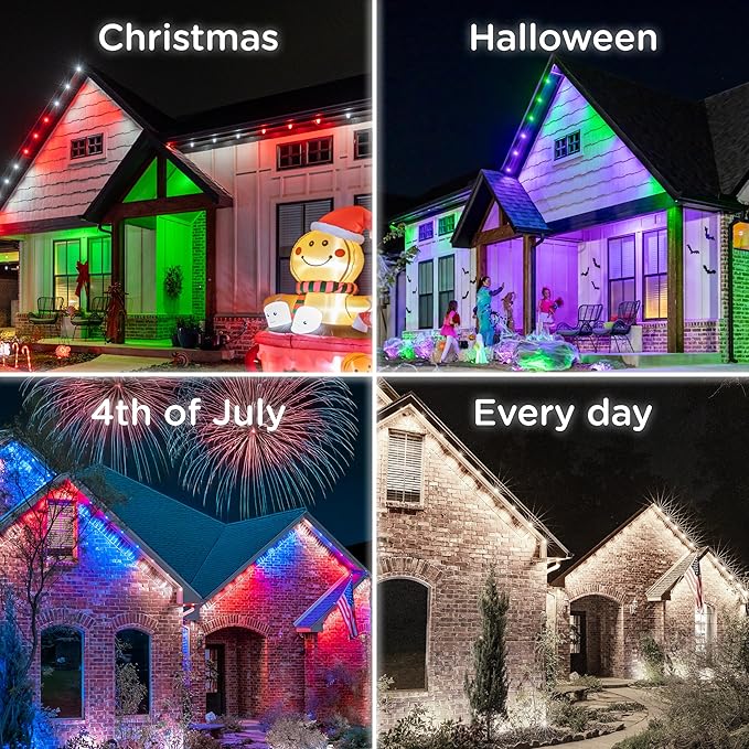 Enbrighten Vibe Eternity Permanent Outdoor Lights for House, 50ft, 36 RGBWIC LEDs, Close Spacing, 33lm, Color Changing, Christmas, Eave Lighting, Smart App, Works with Alexa, Google Home, 81102