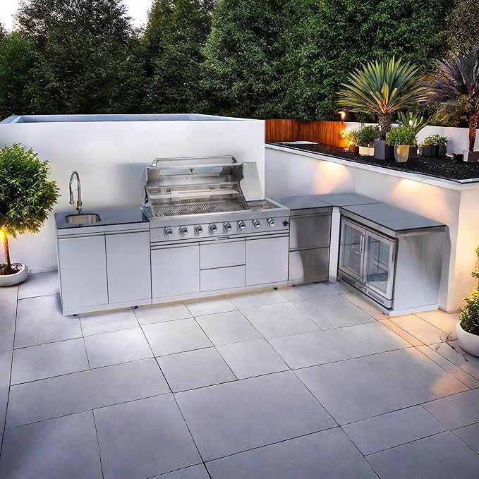 157" 6-Burner 96000 BTU Propane Gas Outdoor Kitchen Island - Stainless Steel Grill with Wine Cooler, Rotisserie, Granite Countertops, Storage Cabinets & Drawers,Silver