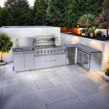 157" 6-Burner 96000 BTU Propane Gas Outdoor Kitchen Island - Stainless Steel Grill with Wine Cooler, Rotisserie, Granite Countertops, Storage Cabinets & Drawers,Silver