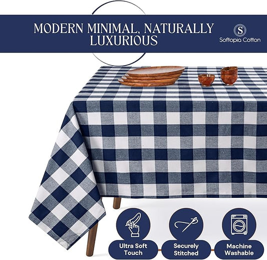 Buffalo Plaid Check 52"x70" Tablecloth 100% Cotton Washable Rustic Rectangle Table Cover Decorative for Gifts, Dining, BBQ, Buffet Parties & Camping - Navy