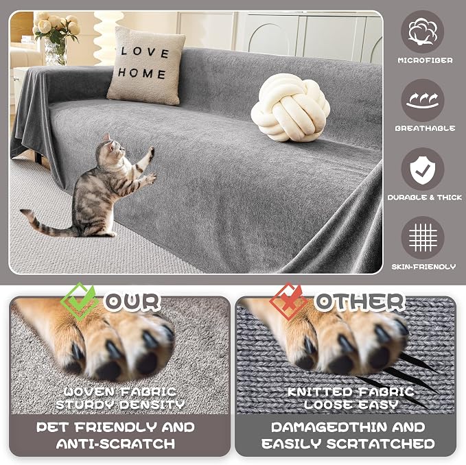 MYSKY HOME Couch Covers for Dogs, Washable Couch Cover, 71"x118", Grey | Pet Friendly Slipcovers, Non-Slip Sofa Cover, Couch Covers for Pets & Kids, Cat Scratch Furniture Protector, Soft Blanket
