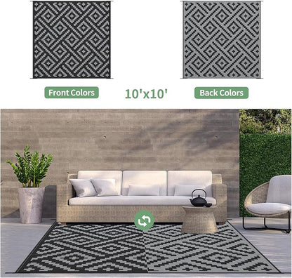 GENIMO Outdoor Rug, Waterproof Plastic Rugs for Patio, 10'x10' Black Grey | Outside Larger Modern Carpet Mat for Porch Decor, Deck, Camping, RV, Backyard, Balcony, Picnic, Beach, Reversible, Foldable