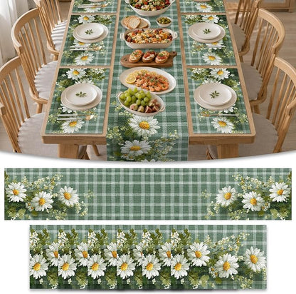 Nuxovilar Tablerunner and Placemats Set of 7 Green Plaid with Daisy Decor Linen Square Placemats for Dining Dining Sets and Accessories Outdoor Picnic, Patio Dinner, Daily Meals