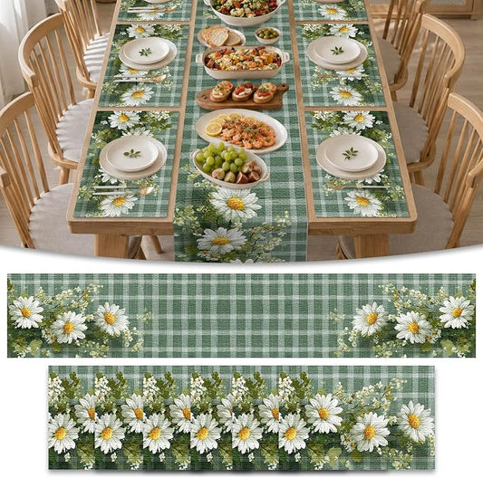 Nuxovilar Tablerunner and Placemats Set of 7 Green Plaid with Daisy Decor Linen Square Placemats for Dining Dining Sets and Accessories Outdoor Picnic, Patio Dinner, Daily Meals