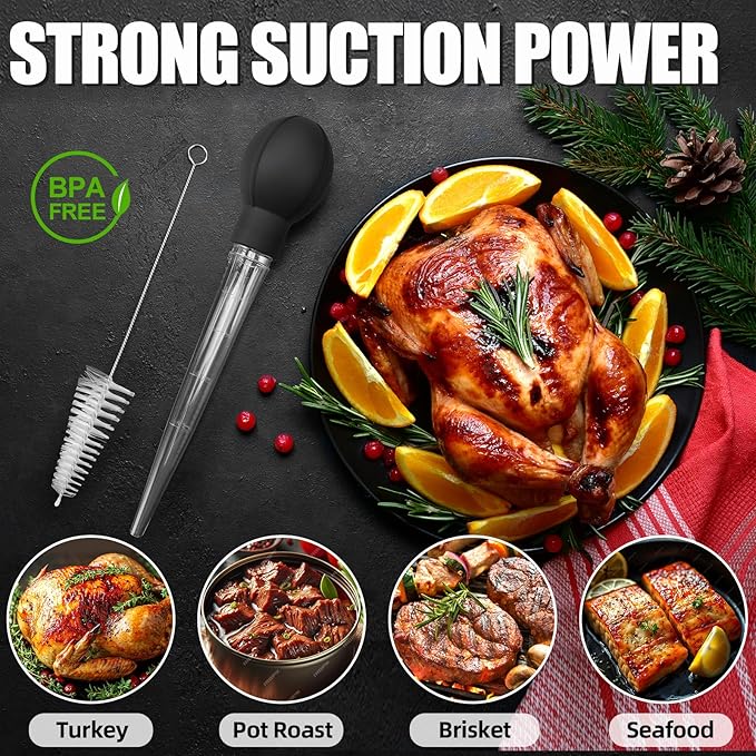OLESBUR Premium Turkey Basters for Cooking – Baster Syringe for Hot Liquids – Meat and Food Injector – Essential Thanksgiving Cooking Tool – Turkey Baster Large with Cleaning Brush(Black)