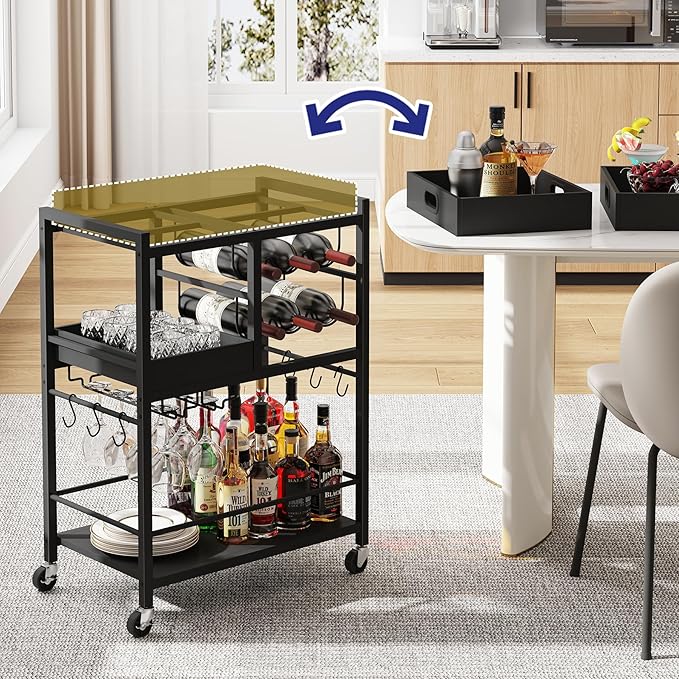 TUTOTAK Bar Cart with Wheels, Drink Cart with Wine Rack and Glass Holder | 3-Tier 24.8 Inch Wide Home Bar Serving Carts, Small Mobile Kitchen Shelf with 6 Hooks, Black BC01BK037