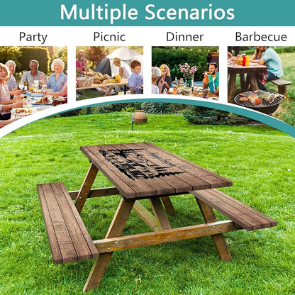 Picnic Table Cover with Bench Covers and Bag, Elastic Edges Waterproof Windproof Vintage Wood Camper Outdoor Tablecloth, RV Camping Essentials, Fitted 6FT Rectangle Tables and Seats, 3 Pcs, 30x96 Inch