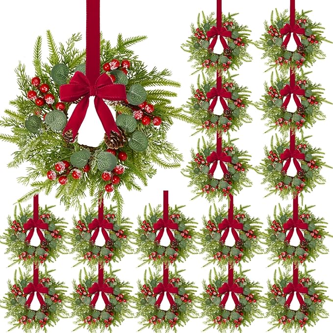 Waipfaru 18 Pcs Small Christmas Wreath, Mini Wreaths for Cabinets, Christmas Wreaths for Windows Kitchen Front Door Candle Rings Fireplaces Table Centerpiece Indoor Outdoor Decorations