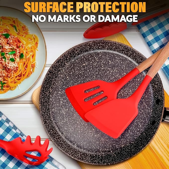 12 Pcs Red Kitchen Accessories with Holder for Nonstick Cookware | Silicone Cooking Utensils Set for BBQ; Heat-Resistant Tools with Wooden Handles for Baking, Serving, Frying, and Mixing