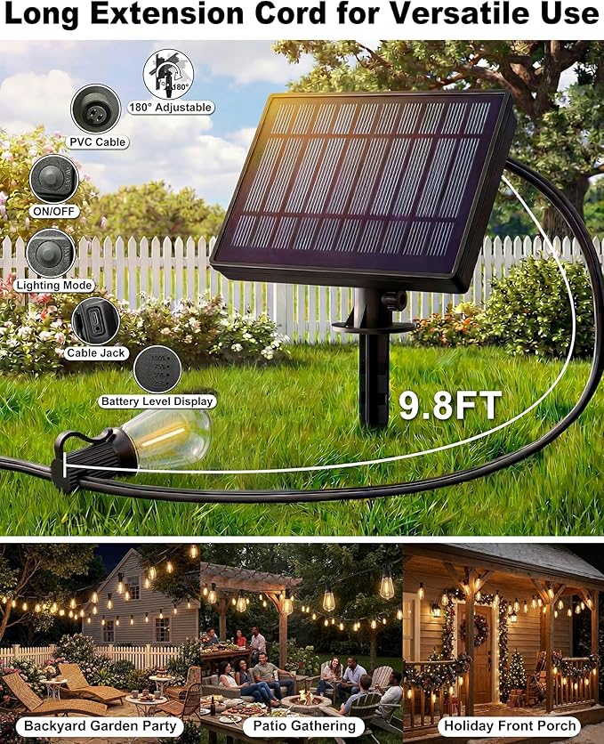 Outdoor String Lights Solar Powered, 108FT Dimmable Solar Patio Lights with Remote & 31 ST38 LED Shatterproof Bulbs, IP65 Waterproof, Dusk to Dawn Outdoor Lights for Backyard, Balcony, Party