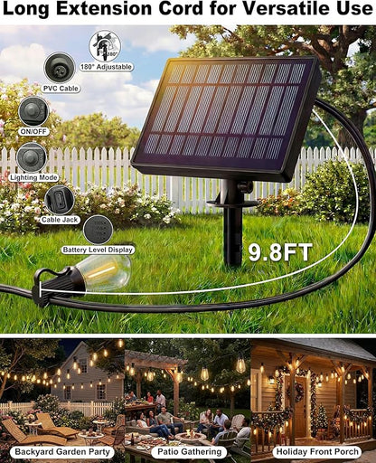 Solar String Lights Outdoor, 54FT(24+1) Patio Lights Waterproof with Remote & USB Port, Dimmable & Timer & 3 Light Modes, ST38 LED Solar Lights for Camping, Backyard, Deck, Garden (2700K)
