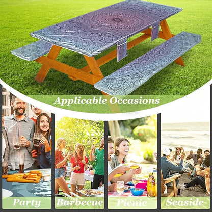 Wrakus Picnic Table Cover with Bench Covers Vinyl Elastic Edges Fitted Rectangle Seat Tables Waterproof 3-Piece96X30in Set Outdoor Rectangular Folding Backing Tablecloth for Camping Over Size