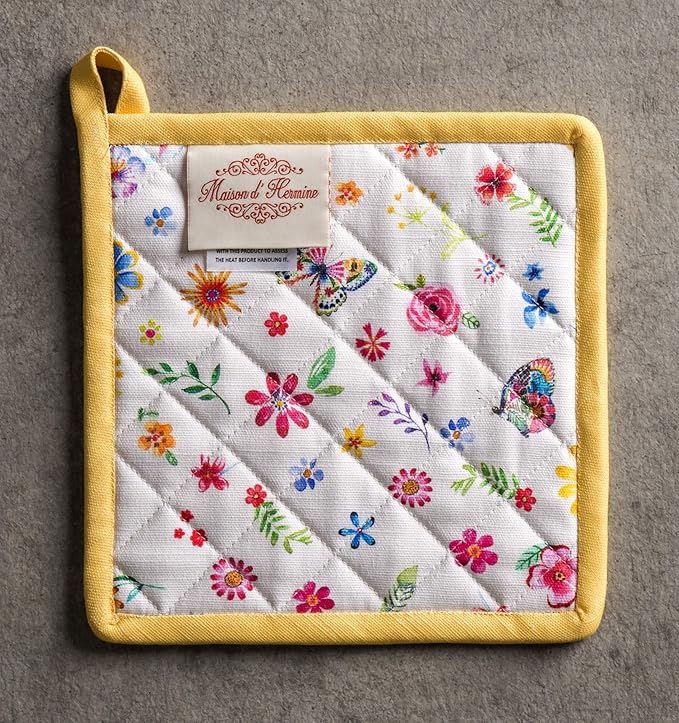 Maison d' Hermine Pot Holders 100% Cotton Heat Resistant Potholders 8" x 8" Hot Pads with Loop Baking Hotel Farmhouse Kitchen Handling Hot Pans Spring Summer (Pack of 2, Happy Florals - Sweety)