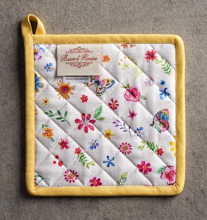 Maison d' Hermine Pot Holders 100% Cotton Heat Resistant Potholders 8" x 8" Hot Pads with Loop Baking Hotel Farmhouse Kitchen Handling Hot Pans Spring Summer (Pack of 2, Happy Florals - Sweety)