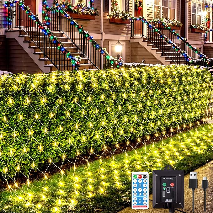 21x5FT Solar Christmas Net Lights Outdoor Waterproof with Remote | 360LED 8 Modes Solar & USB Powered Mesh Lights with Green Wire for Gazebo, Bush, Garden Shrubs, Lawn, Patio Decor, Warm White