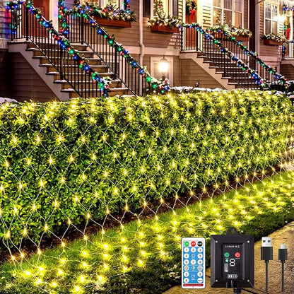 21x5FT Solar Christmas Net Lights Outdoor Waterproof with Remote | 360LED 8 Modes Solar & USB Powered Mesh Lights with Green Wire for Gazebo, Bush, Garden Shrubs, Lawn, Patio Decor, Warm White