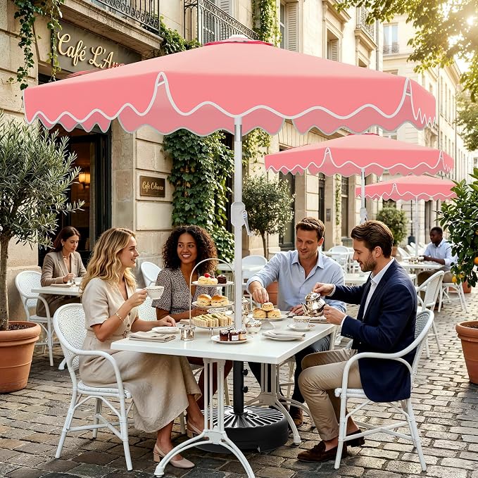 AreShark 7.5FT Outdoor Patio Umbrella with Wavy Trim (Peach Pink) | Market Table Umbrellas w/ 6 Sturdy Ribs, Crank & Tilt, White Pole, Pool Umbrella with UV-Fade Resistant Fabric, Heavy Frame