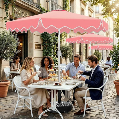 AreShark 7.5FT Outdoor Patio Umbrella with Wavy Trim (Peach Pink) | Market Table Umbrellas w/ 6 Sturdy Ribs, Crank & Tilt, White Pole, Pool Umbrella with UV-Fade Resistant Fabric, Heavy Frame