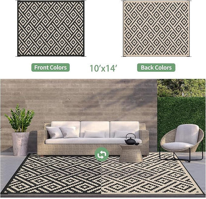 GENIMO Outdoor Rug, Waterproof Plastic Rugs 10'x14' for Camping Black Beige | Outside Larger Modern Carpet Mat for Patio Decor, RV, Porch, Camper, Deck, Picnic, Beach, Backyard, Reversible, Foldable