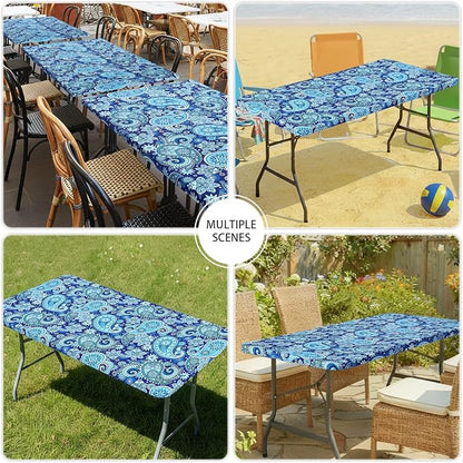 Smiry Spandex Fitted Tablecloth for 6 Foot Rectangle Tables, Washable Picnic Table Cover with Elastic, Stretch Reusable Table Cloth for Outdoor, Camping, Dining & Kitchen (Blue Paisley, 30"x72")