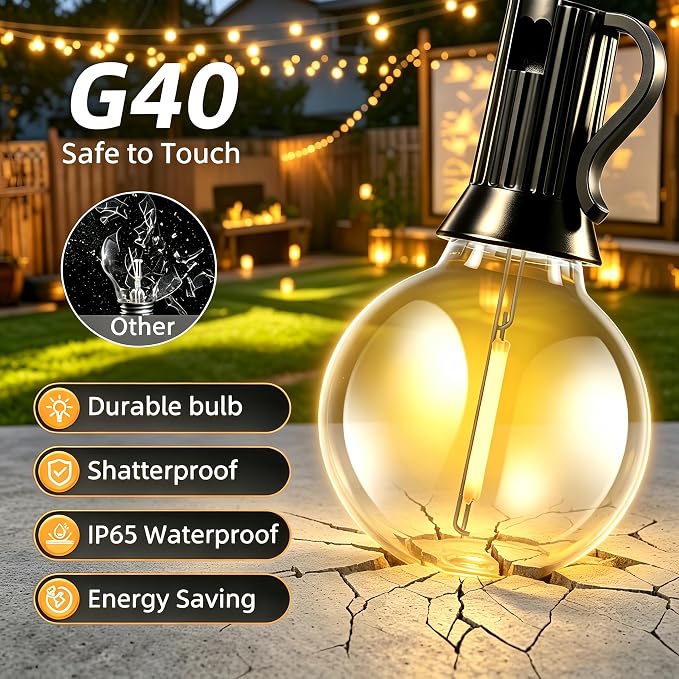 Solar Lights Outdoor Patio Lights 40FT G40 Waterproof Dimmable | 13 Shatterproof Edison Bulbs Patio Lights, Solar or USB charging, 3 Light Modes for Backyard, Porch, Deck, Balcony, Garden