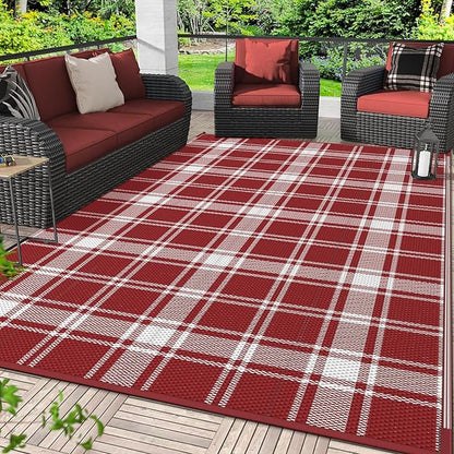 GENIMO Outdoor Rug, Waterproof Plastic Rugs for Patio, 8'x10' Red Plaid | Outside Larger Modern Carpet Mat for Porch Decor, Deck, Balcony, Camping, RV, Backyard, Picnic, Beach, Reversible, Foldable