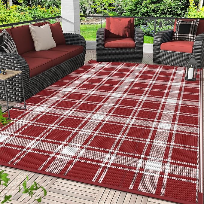 GENIMO Outdoor Rug, Waterproof Plastic Rugs for Patio, 4'x6' Red Plaid | Outside Larger Modern Carpet Mat for Porch Decor, Deck, Balcony, Camping, RV, Backyard, Picnic, Beach, Reversible, Foldable