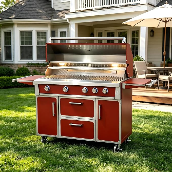 49" Stainless Steel Propane Gas Grill, 4 Burners & Infrared Burner, Red | 304 stainless steel 99,000 BTU Dual-lined hood Easy ignition Warming rack Storage drawers Gliding wheels