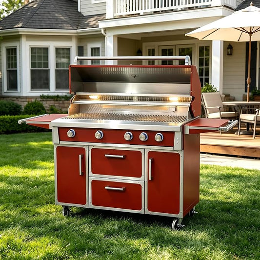49" Stainless Steel Propane Gas Grill, 4 Burners & Infrared Burner, Red | 304 stainless steel 99,000 BTU Dual-lined hood Easy ignition Warming rack Storage drawers Gliding wheels