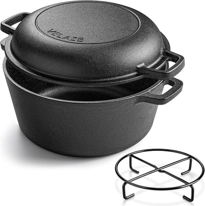 Velaze Cast Iron Dutch Oven with Skillet Lid, 2-in-1 Pre-Seasoned, 5QT | Dual Handles,for Bread Baking,Frying,Camping,Home Cooking Use,Non Stick Finish,Oven,Grill,Includes Tripod,Lid as Cooking Pan