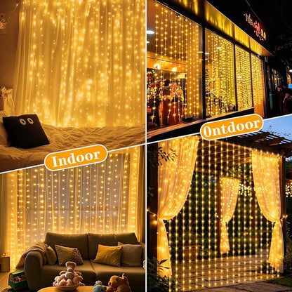 Solar Curtain Lights Outdoor Waterproof, 300LED 9.8x9.8FT Fairy String Lights with USB-C & Solar Charging, Remote Timer Twinkle Waterfall Lights for Patio Garden Wedding Decor (Warm)