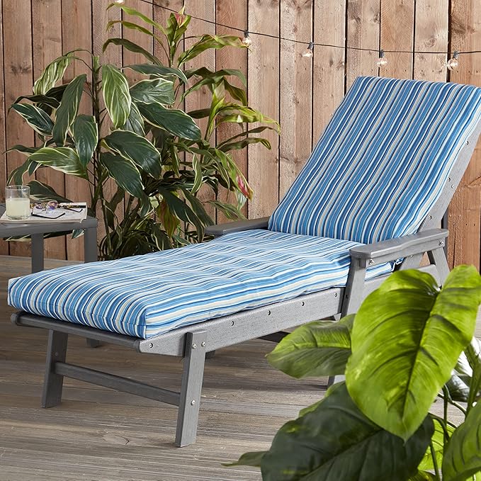 Outdoor Reversible Chaise Lounge Chair Cushion, Steel Blue Stripe