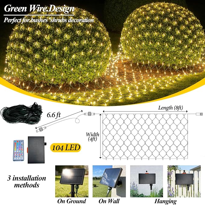 4ft x 8ft Solar Net Lights, 104LED 34 Colors Changing Christmas Net Lights Solar & USB Powered, Waterproof Mesh String Lights Green Wire for Bushes Lawn Garden Xmas Holiday Party Outdoor Decor